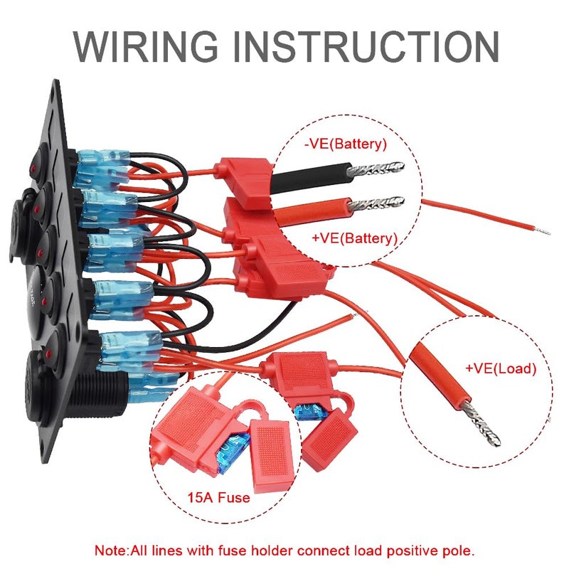 Garfour 5 Gang Red Switch Panel 12 Volt ON-Off Switch Panel Blue LED with Inline Fuse QC 3.0 USB and Type C Charger Socket Digital Voltmeter 12V Cigarette Lighter Socket for Marine Boat Car - Image 4